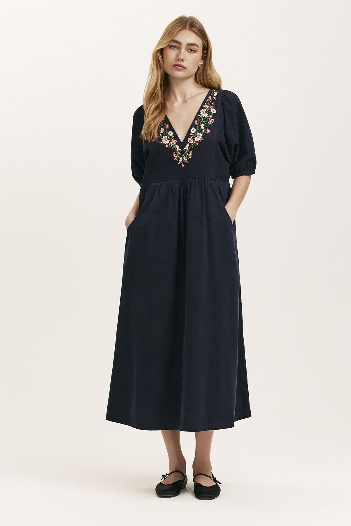 Finery London Finery London Women's Embroidered Corduroy Midi Dress in Dark Navy