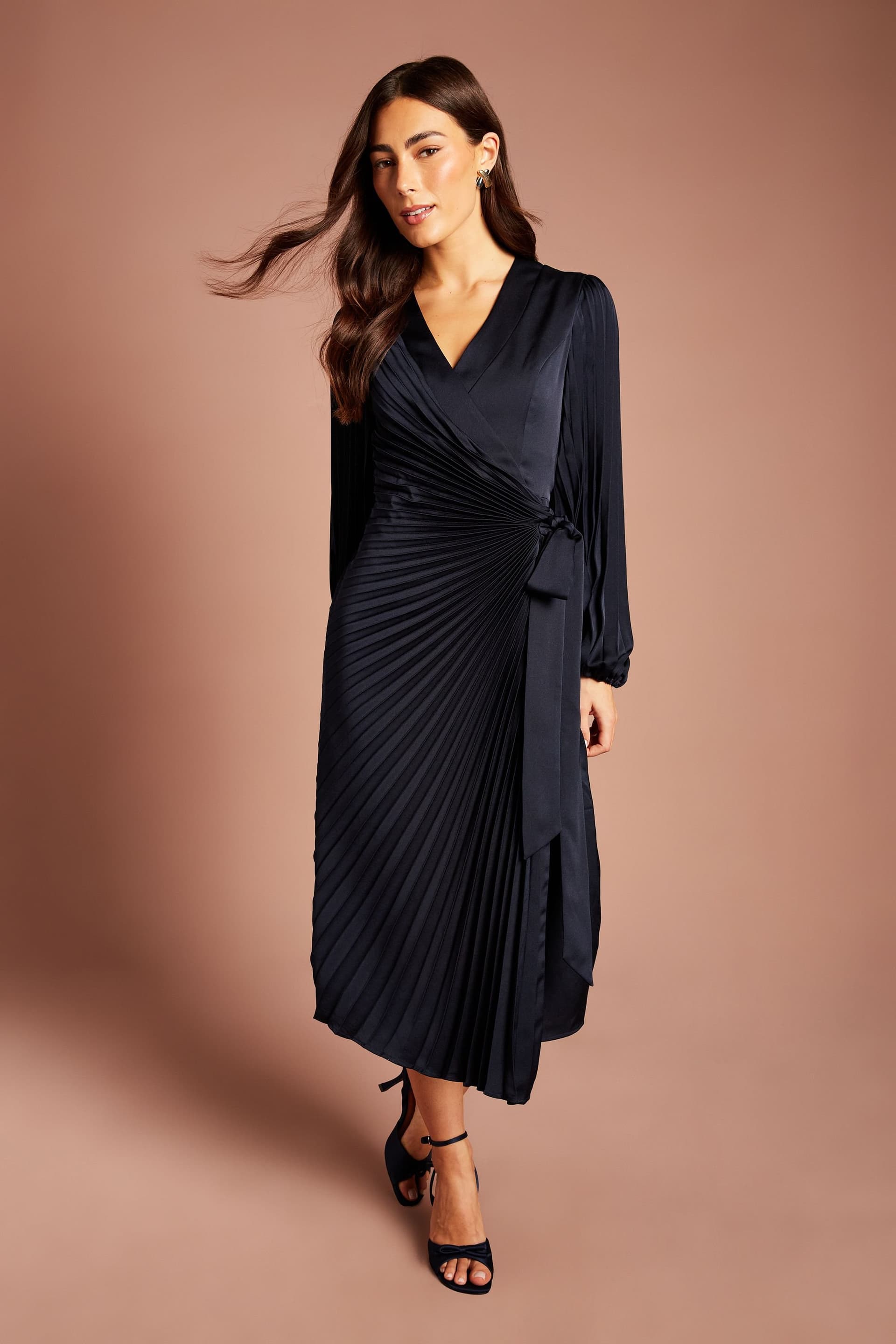Coast Coast Women's Satin Pleated Wrap Dress in Navy