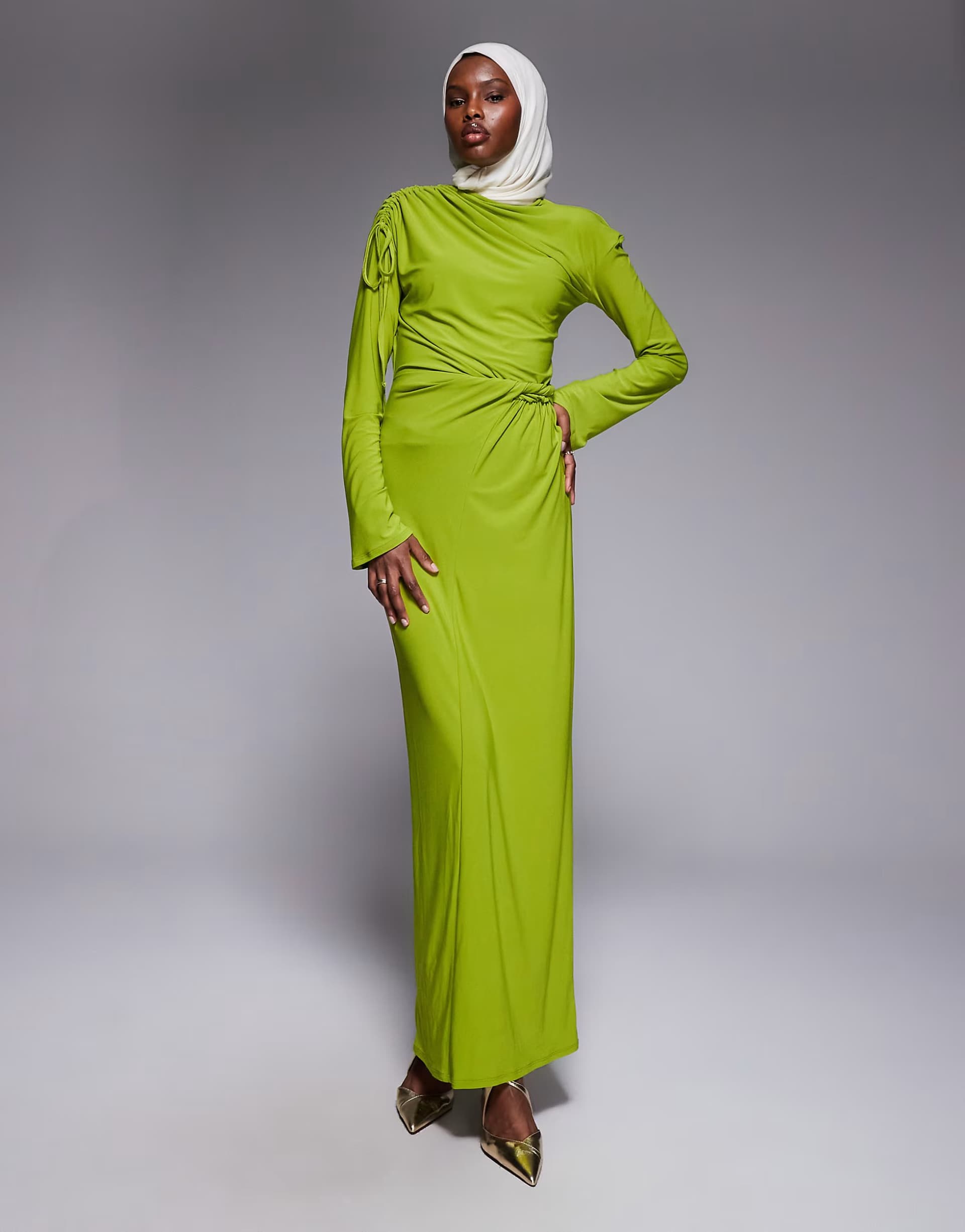 ASOS ASOS DESIGN draped high neck twist waist maxi dress with long sleeve in green