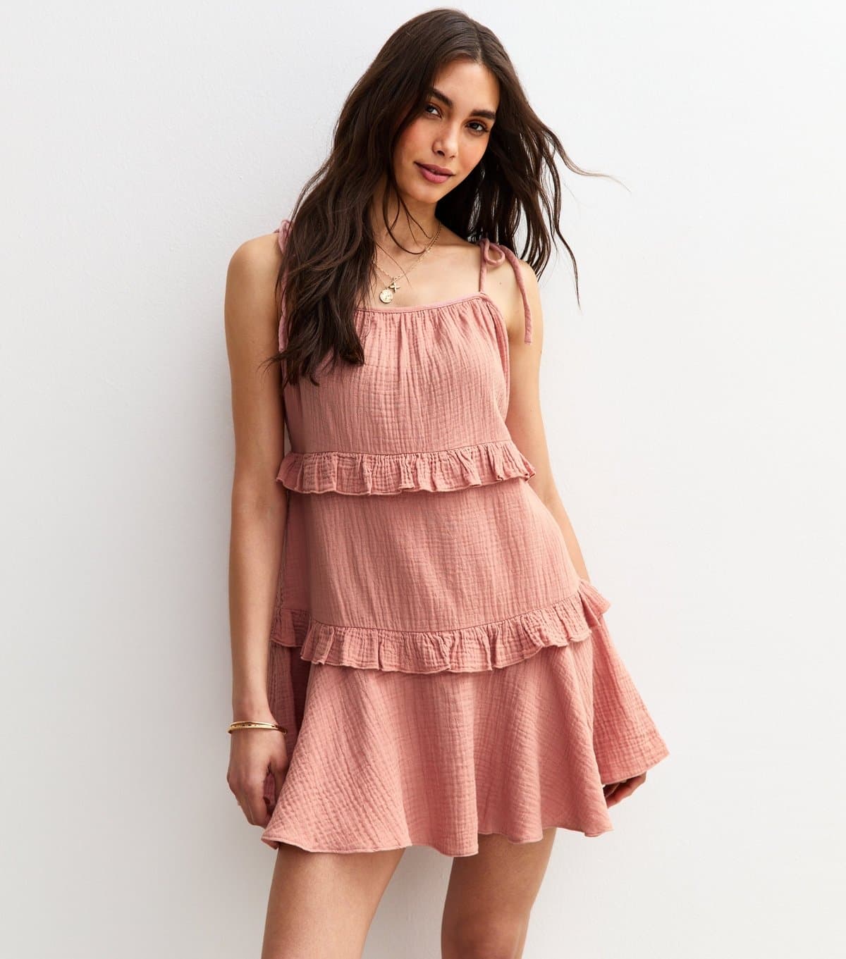New Look Women's Pink Tie Strap Ruffle Trimmed Mini Dress New Look