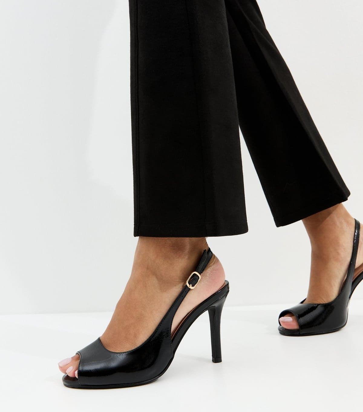 New Look Women's Black Faux Leather Patent Peep Toe Slingback Court Shoes Vegan New Look