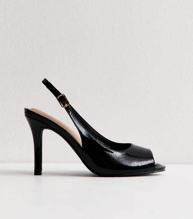 New Look Women's Black Faux Leather Patent Peep Toe Slingback Court Shoes Vegan New Look - 2
