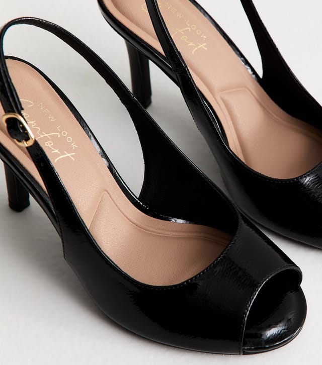 New Look Women's Black Faux Leather Patent Peep Toe Slingback Court Shoes Vegan New Look - 3