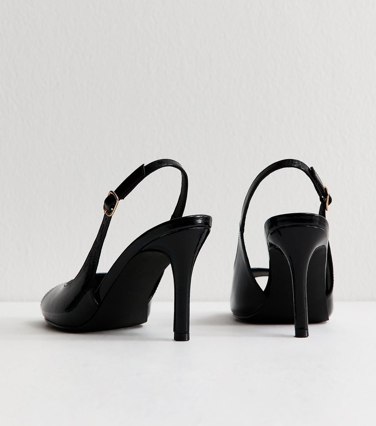 New Look Women's Black Faux Leather Patent Peep Toe Slingback Court Shoes Vegan New Look - 4