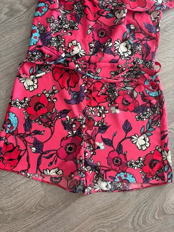 River Island River Island Pink Playsuit Size 14 Off Shoulder Frill Bardot Tie Waist Summer Holiday Festival