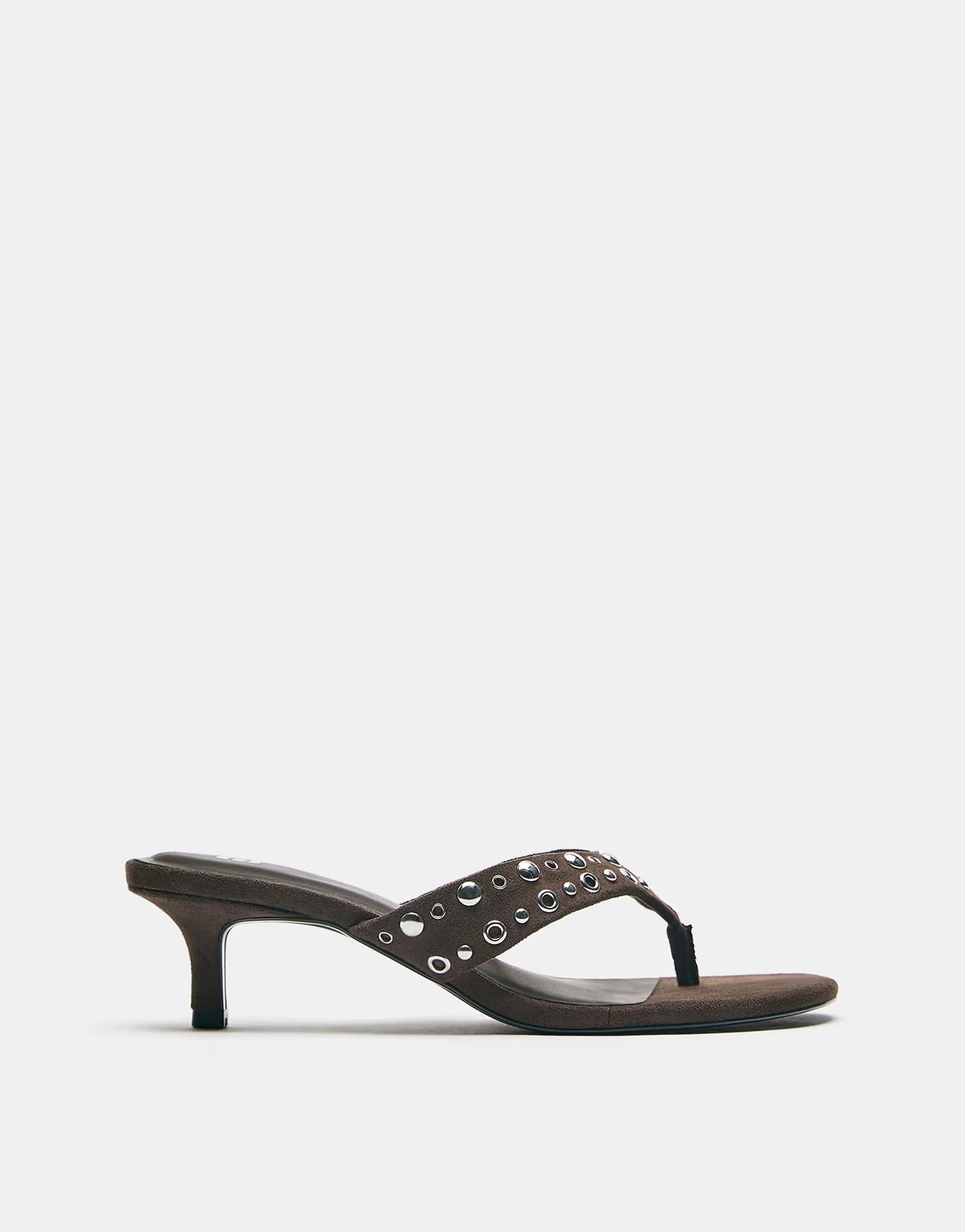 ASOS Pull&Bear Studded thong heeled sandals in brown