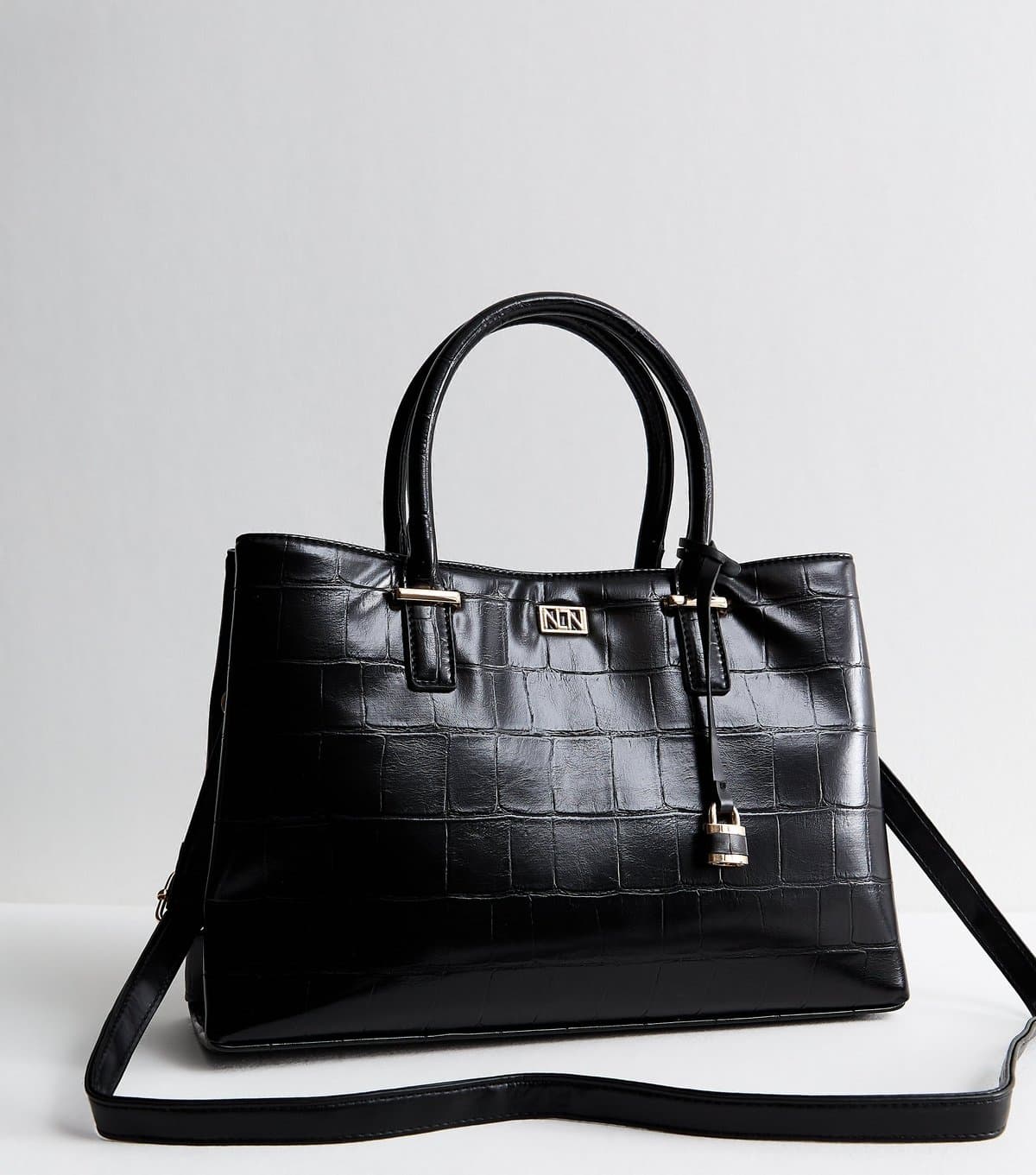 New Look Black Faux Leather Croc Embossed Triple Compartment Tote Bag New Look