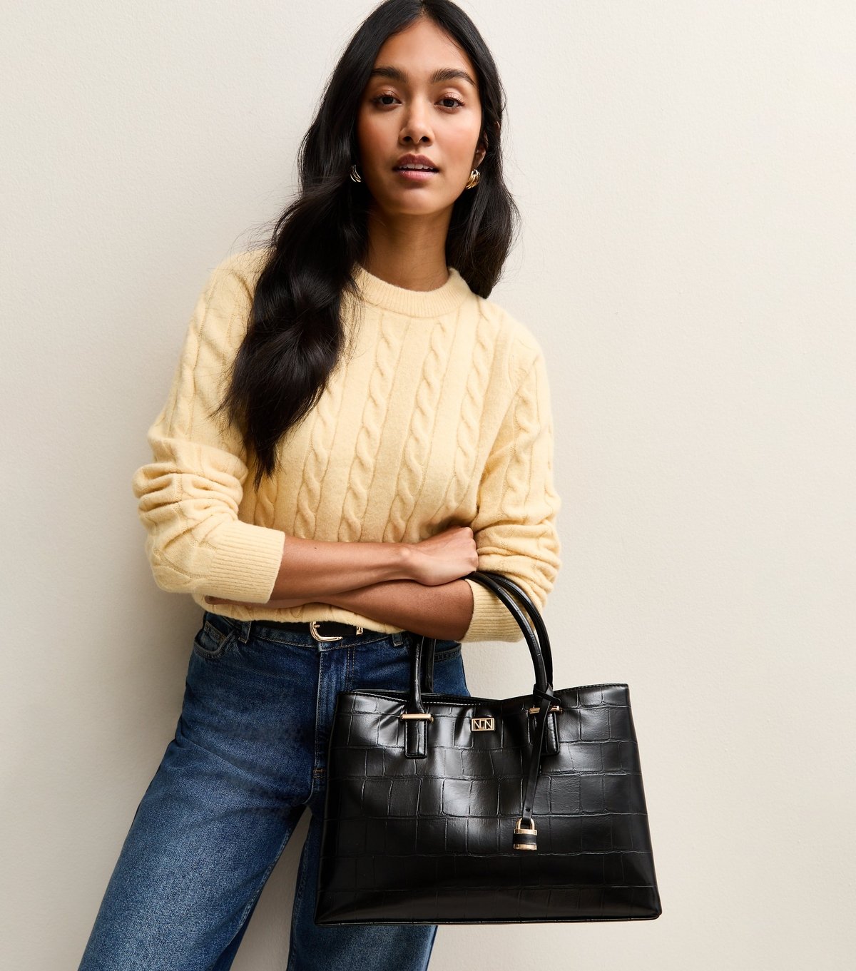 New Look Black Faux Leather Croc Embossed Triple Compartment Tote Bag New Look - 2