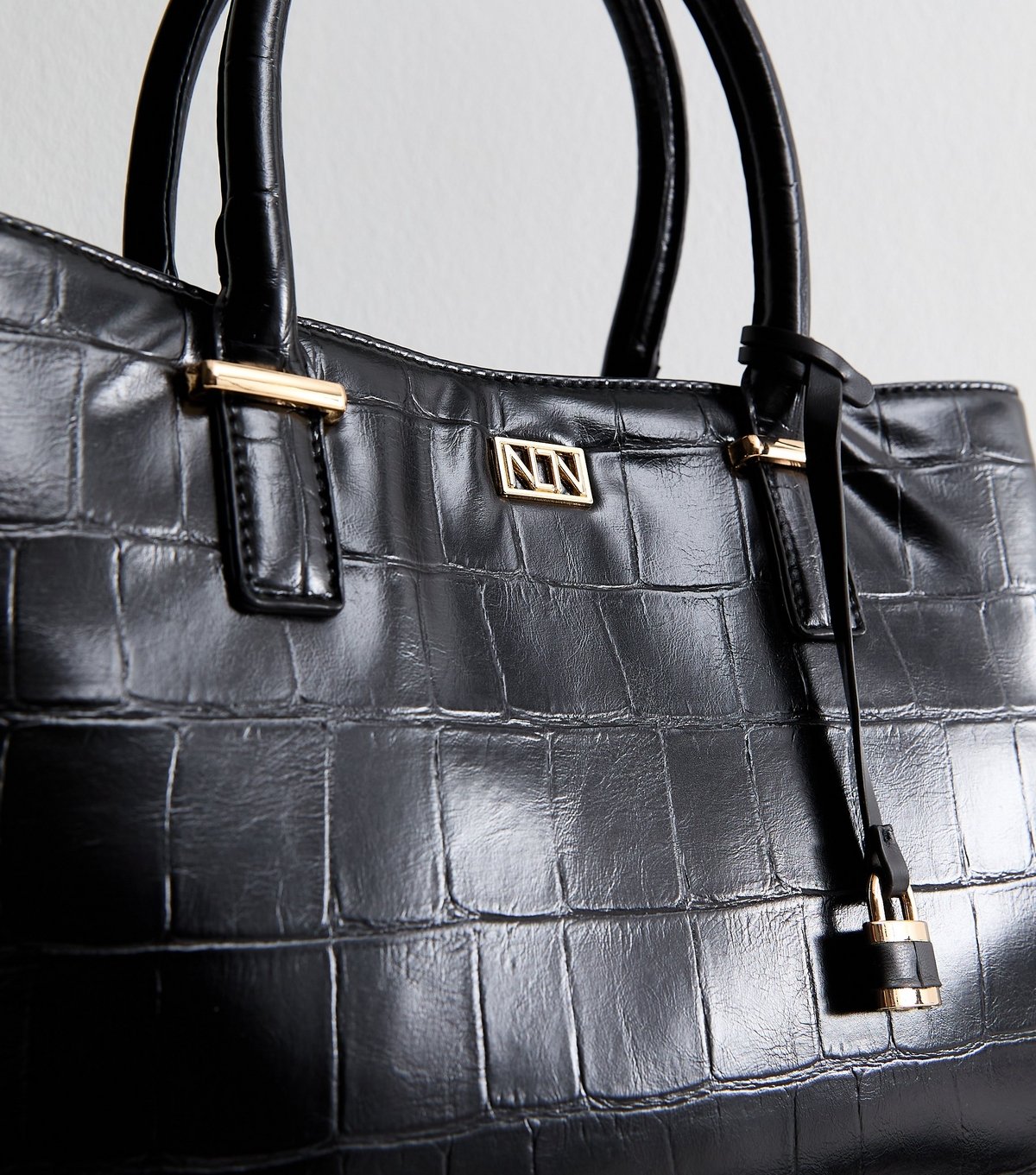 New Look Black Faux Leather Croc Embossed Triple Compartment Tote Bag New Look - 3