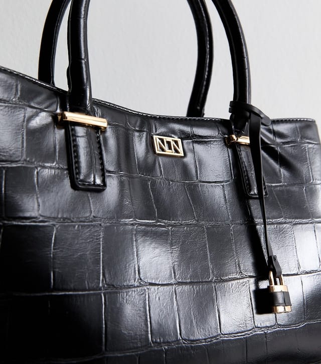 New Look Black Faux Leather Croc Embossed Triple Compartment Tote Bag New Look - 3