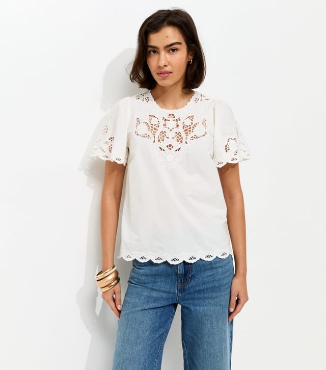 New Look Women's Cream Cutwork Embroidered Scallop Edge T-Shirt New Look - 2