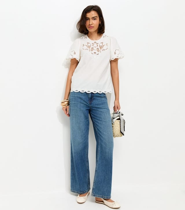New Look Women's Cream Cutwork Embroidered Scallop Edge T-Shirt New Look - 3