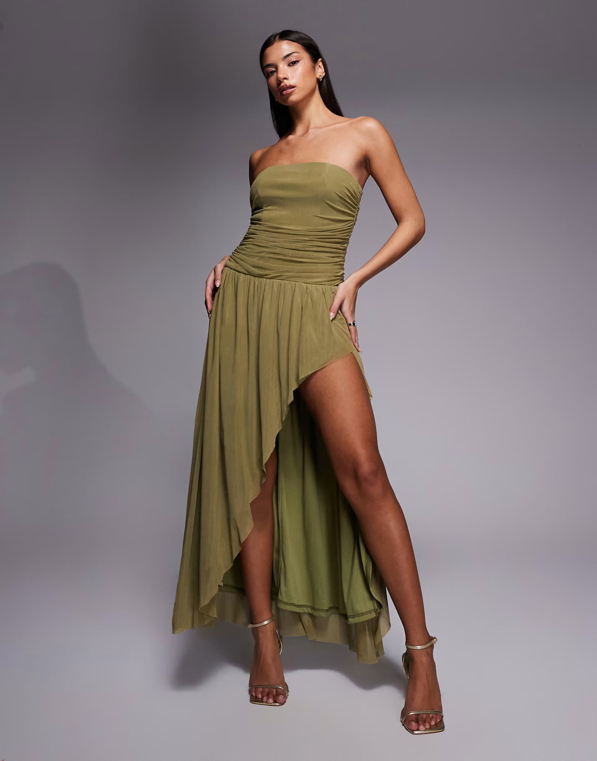 ASOS Rare London mesh bandeau ruched detail asymmetric side slit maxi dress in olive