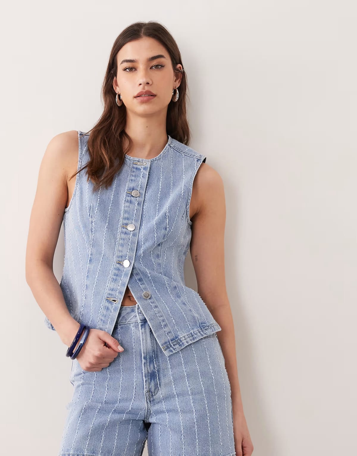 ASOS Miss Selfridge striped denim waistcoat in blue wash - 1