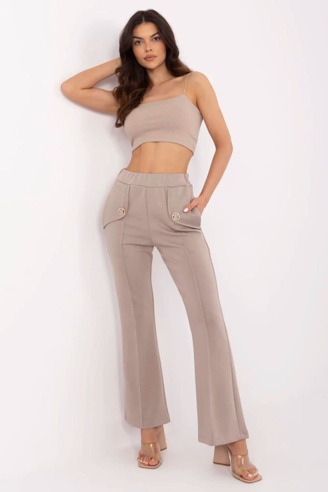 Love Lace Love Lace Women's Bell Leg Tracksuit Trousers with Brooch in Beige