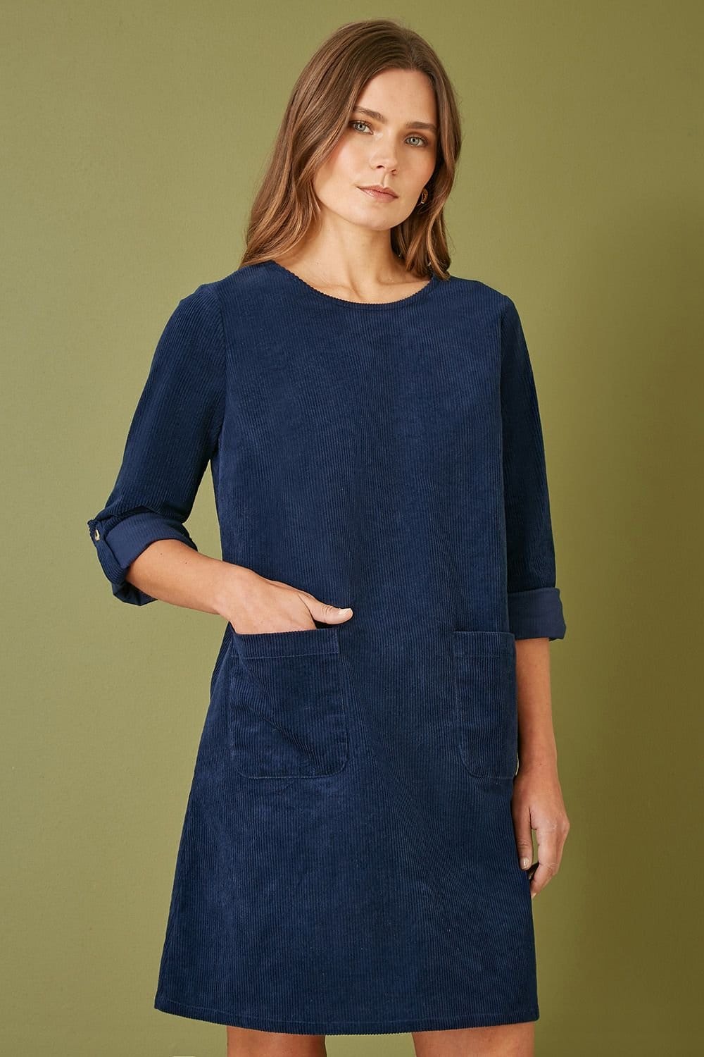 Yumi Navy Corduroy Tunic Dress With 3/4 Sleeves & Pockets