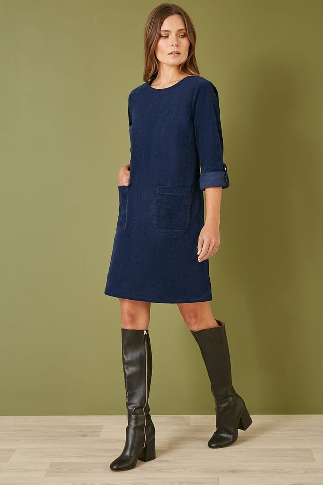 Yumi Yumi Women's Navy Cord Tunic Dress With 3/4 Sleeves & Pockets - 2