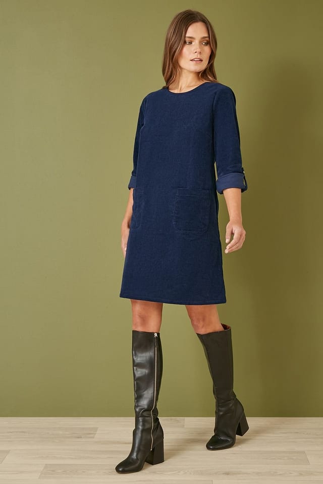 Yumi Yumi Women's Navy Cord Tunic Dress With 3/4 Sleeves & Pockets - 3