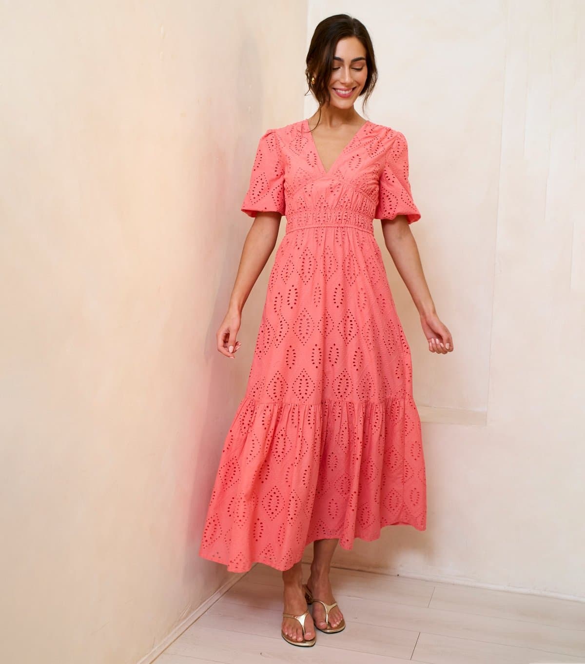 Gini London Women's Light Coral Diamond Cut Work Broderie Dress Gini London New Look