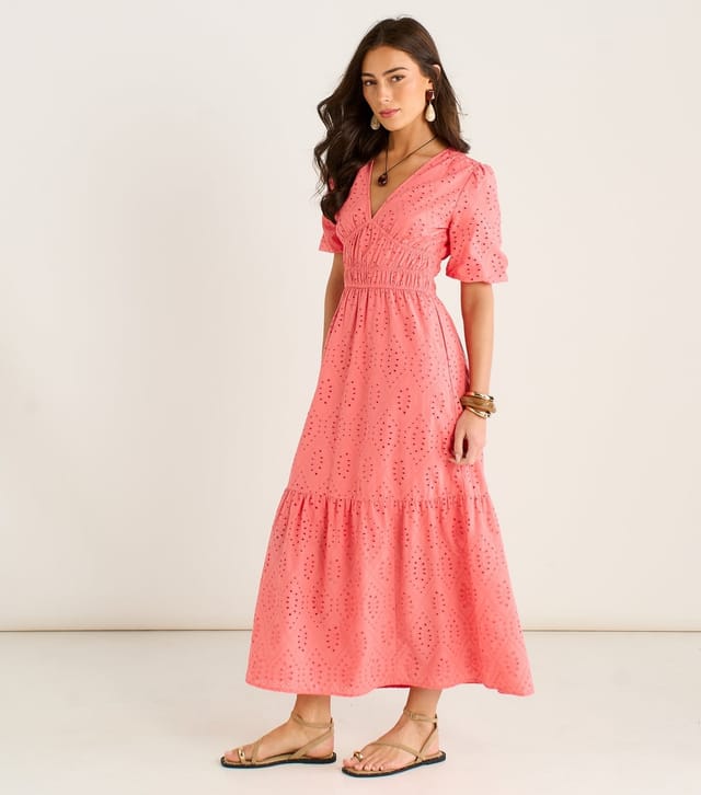 Gini London Women's Light Coral Diamond Cut Work Broderie Dress Gini London New Look - 3