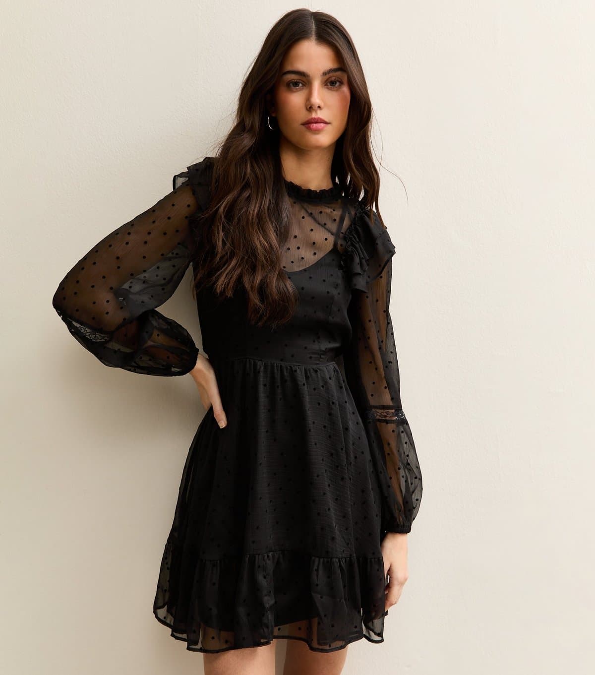 New Look Women's Black Dobby Ruffle Long Sleeve Mini Dress New Look