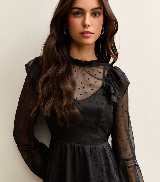 New Look Women's Black Dobby Ruffle Long Sleeve Mini Dress New Look - 2