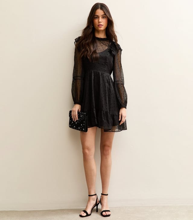 New Look Women's Black Dobby Ruffle Long Sleeve Mini Dress New Look - 3