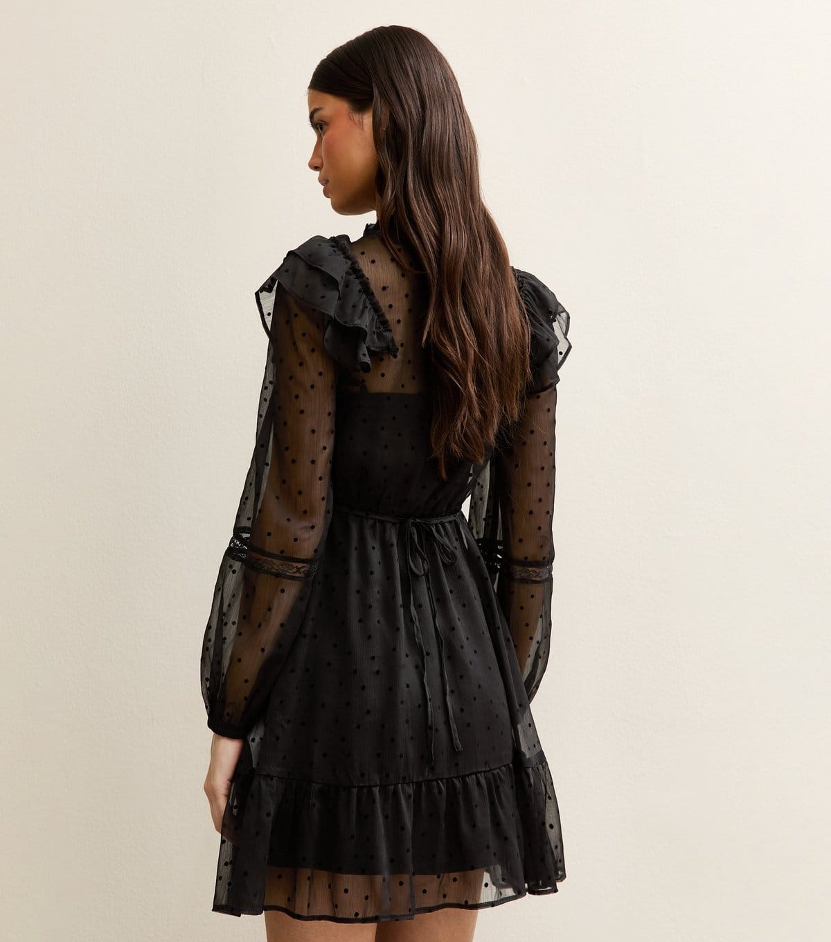 New Look Women's Black Dobby Ruffle Long Sleeve Mini Dress New Look - 4