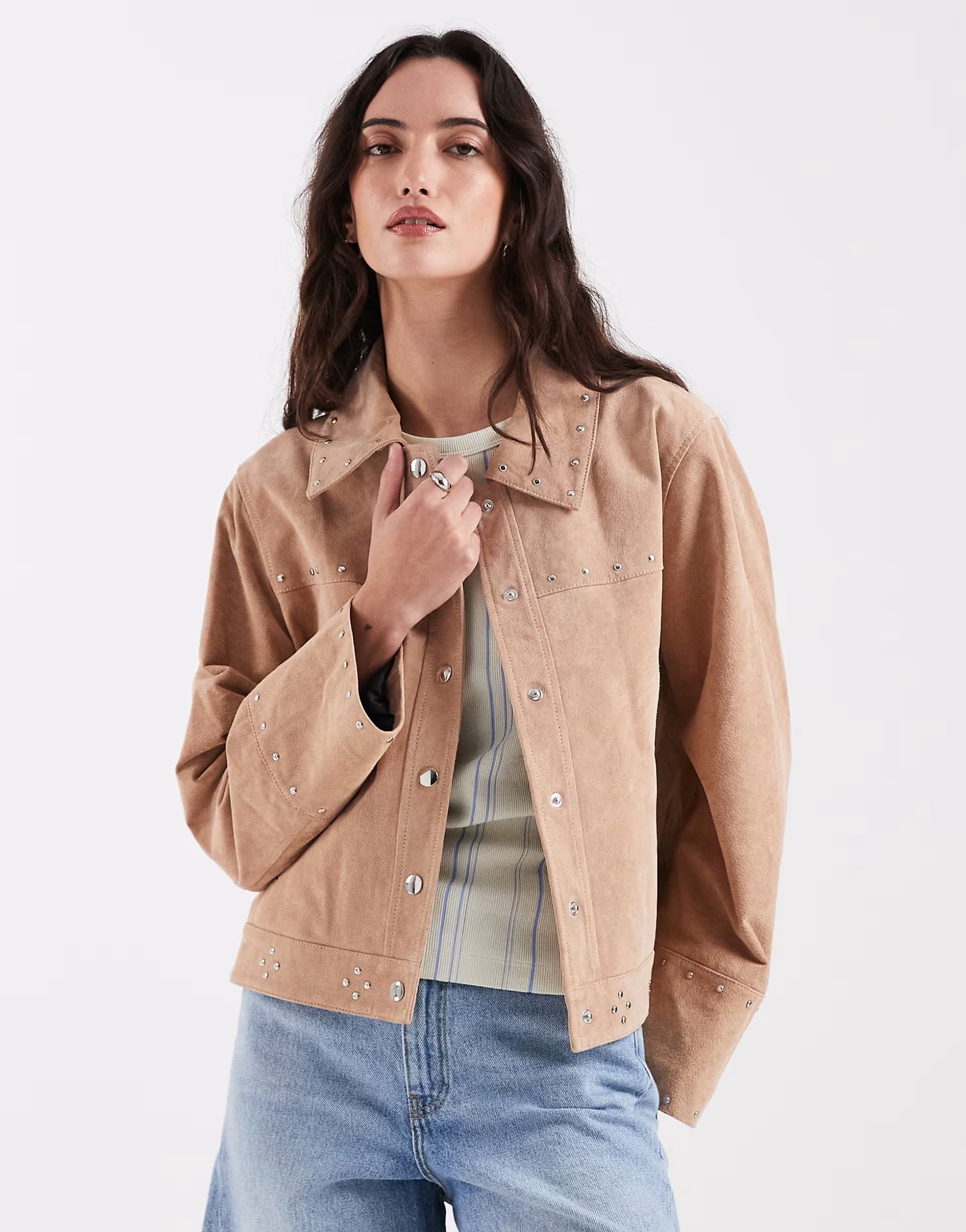 ASOS Laagam luana real suede button down jacket in taupe co-ord