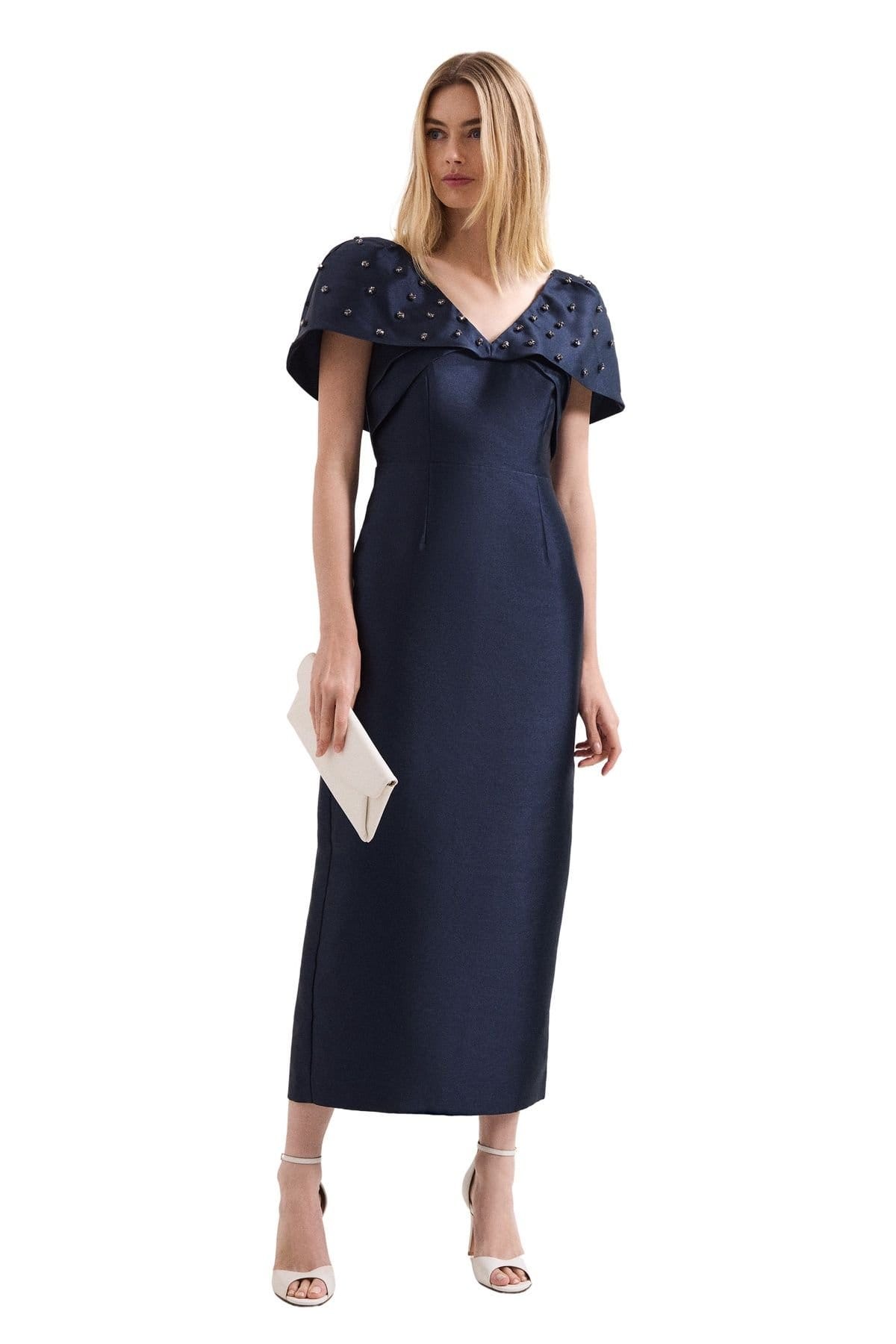 Phase Eight Dark Navy Satin Midi Evening Dress