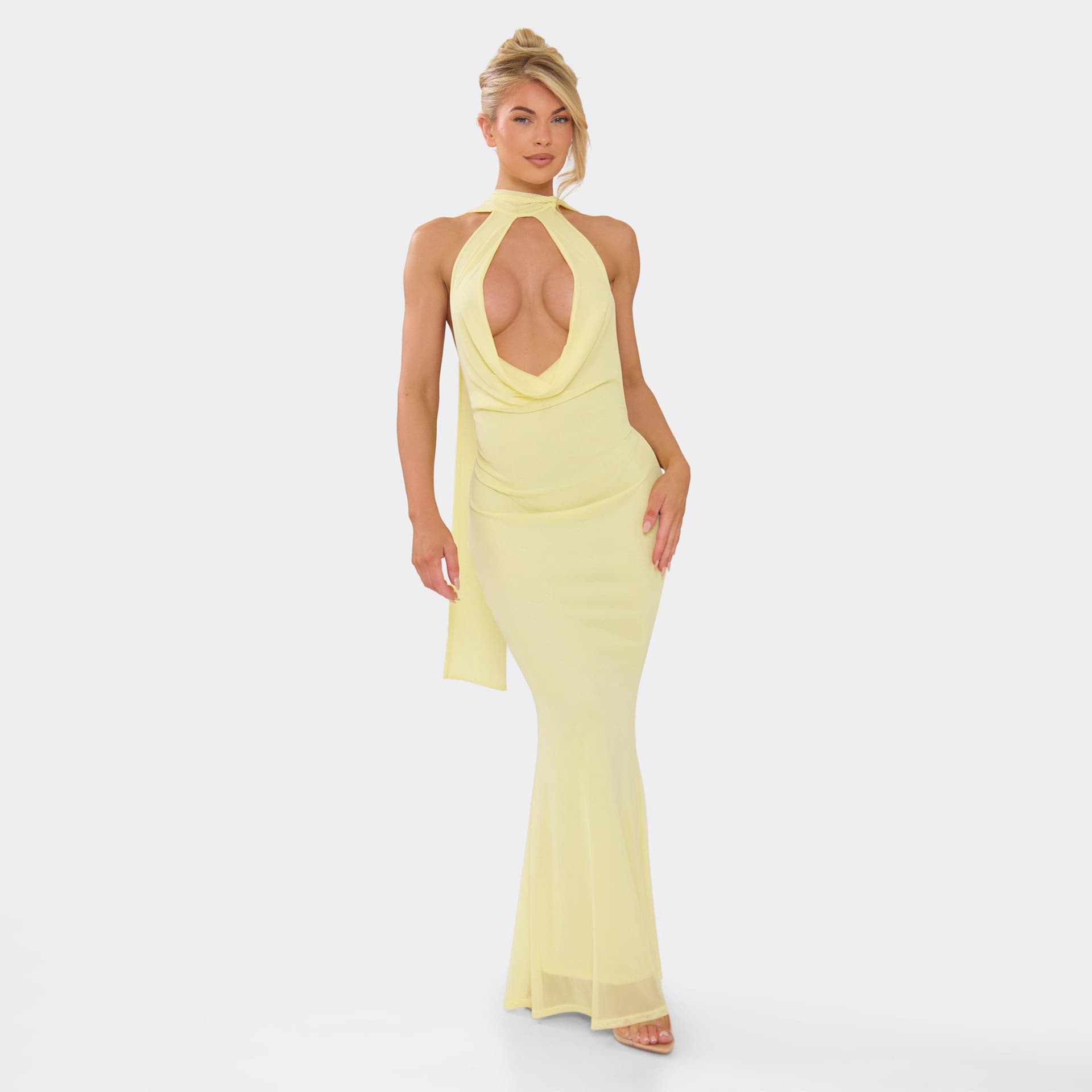 EGO High Cowl Neck Scarf Detail Fishtail Maxi Dress In Lemon, Women's Size UK 6
