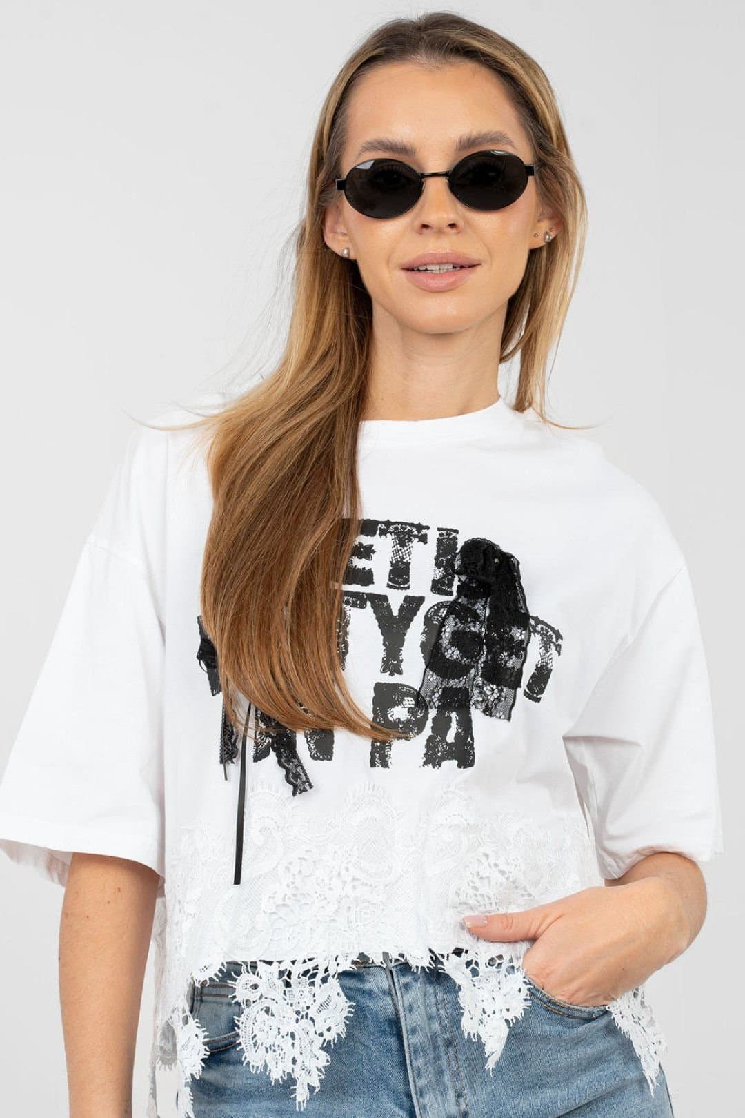 Love Lace Love Lace Women's Cotton Lace Blouse with Rhinestone Detail in White