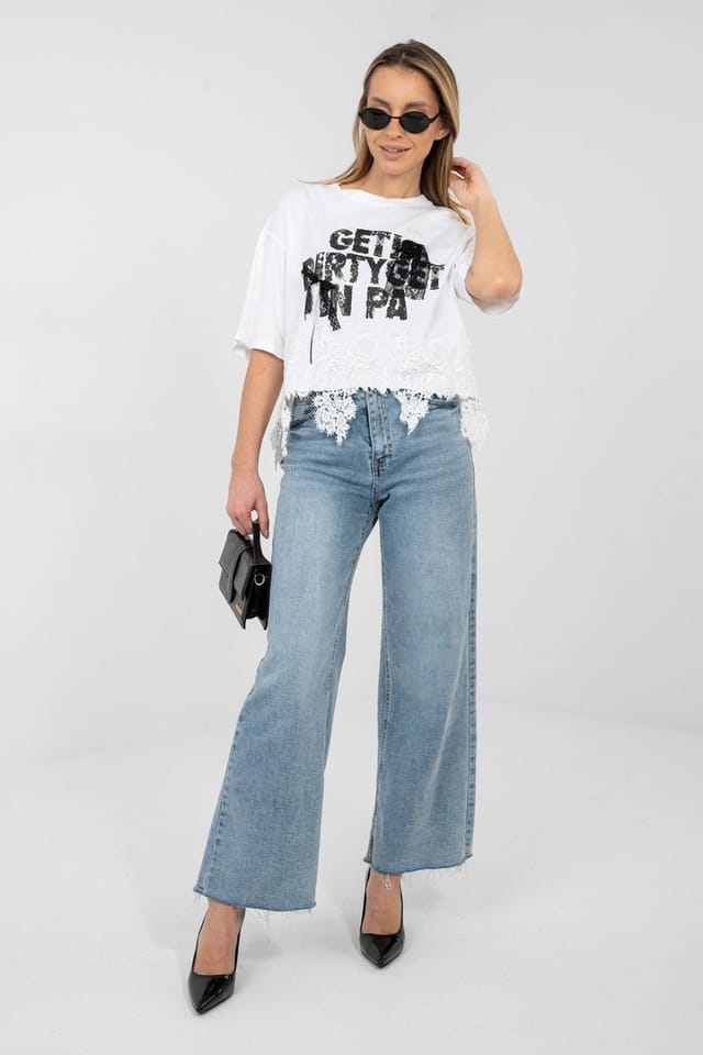 Love Lace Love Lace Women's Cotton Lace Blouse with Rhinestone Detail in White - 2