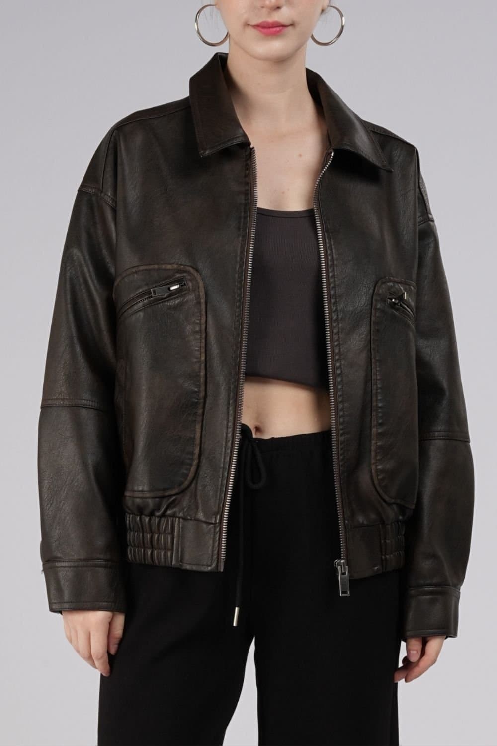 OUTTA BOX OUTTA BOX Brown Faux Leather Bomber Jacket