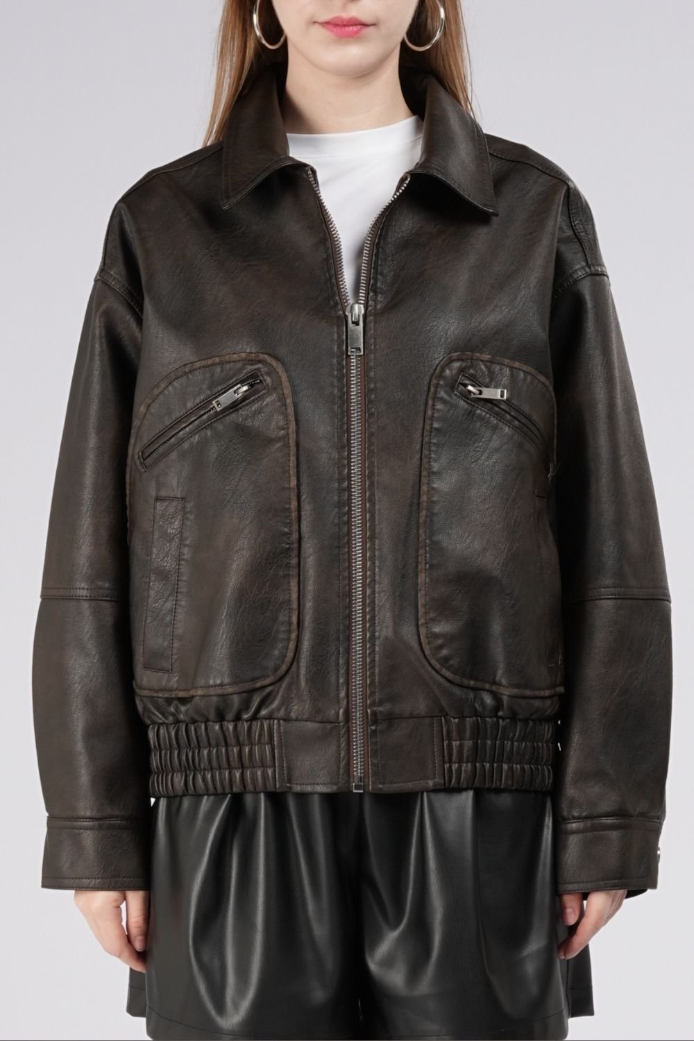 OUTTA BOX OUTTA BOX Women's Vintage-Inspired Faux Leather Bomber Jacket in Brown - 2