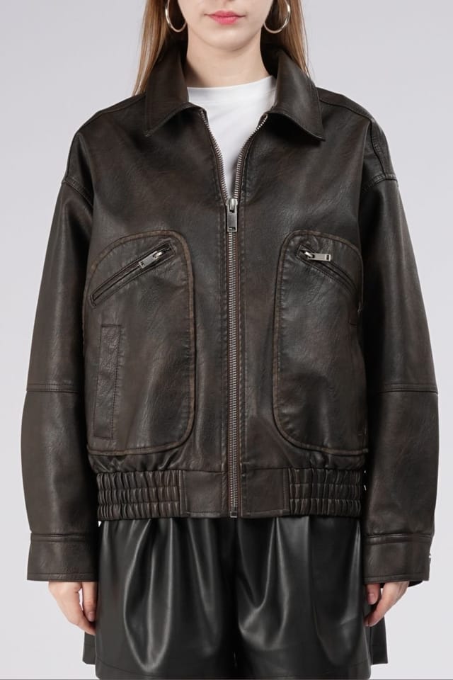 OUTTA BOX OUTTA BOX Women's Vintage-Inspired Faux Leather Bomber Jacket in Brown - 2