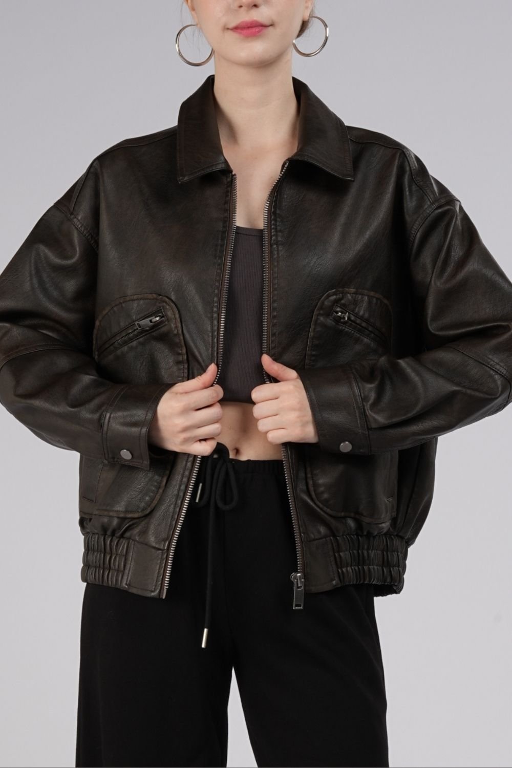 OUTTA BOX OUTTA BOX Women's Vintage-Inspired Faux Leather Bomber Jacket in Brown - 3