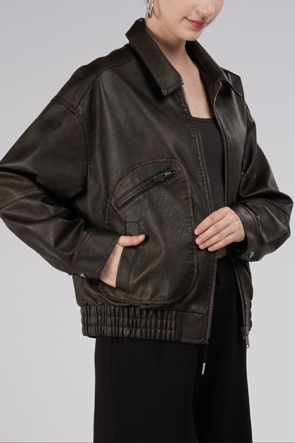 OUTTA BOX OUTTA BOX Women's Vintage-Inspired Faux Leather Bomber Jacket in Brown - 4