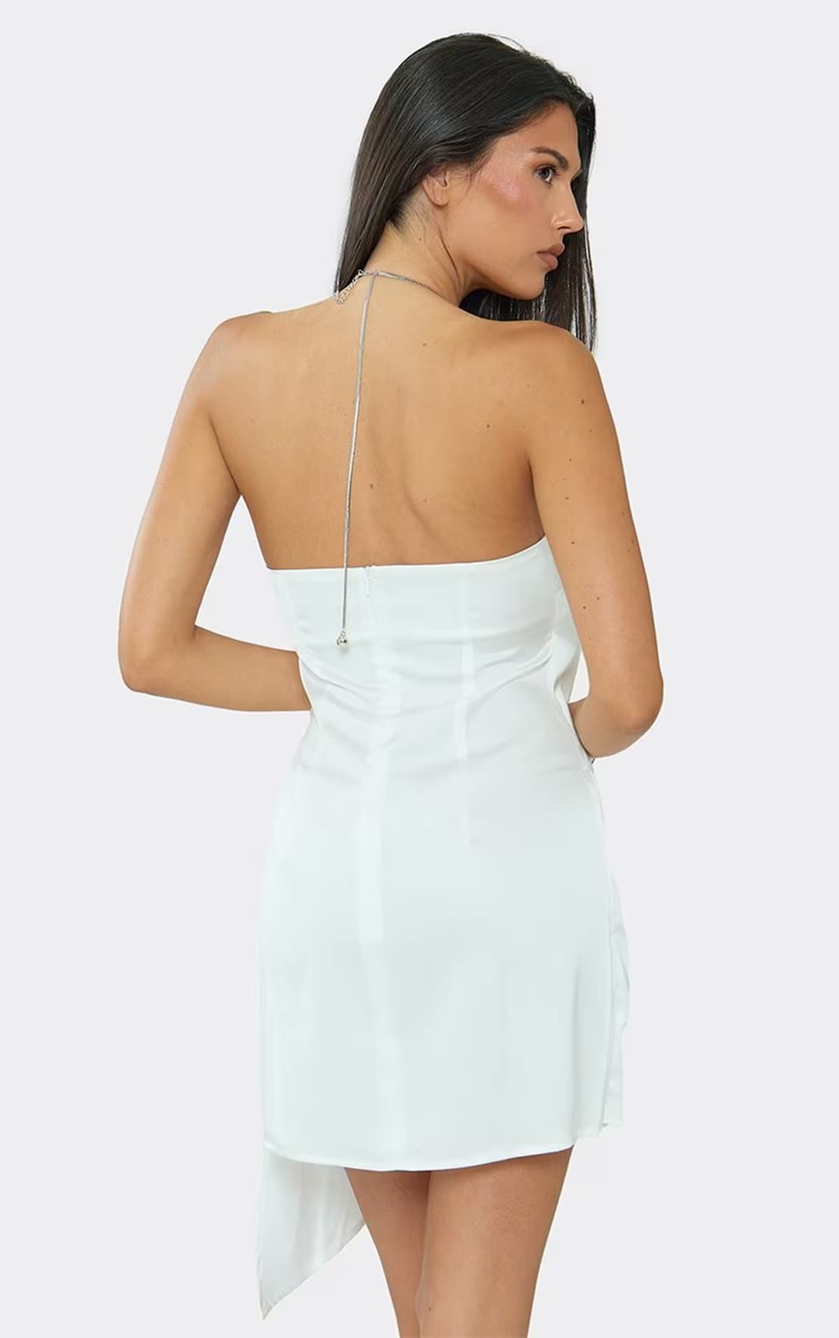 EGO Trim Neck Keyhole Cut Out Drape Detail Mini Dress In White, Women's Size UK 8