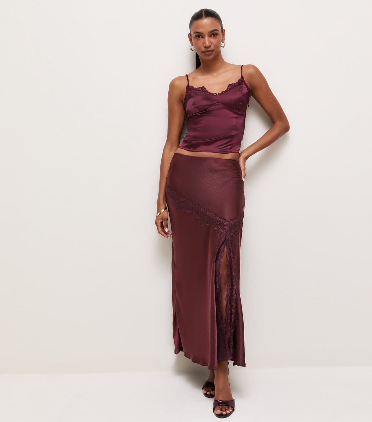 New Look Women's Dark Burgundy Asymmetric Lace Satin Midi Skirt New Look
