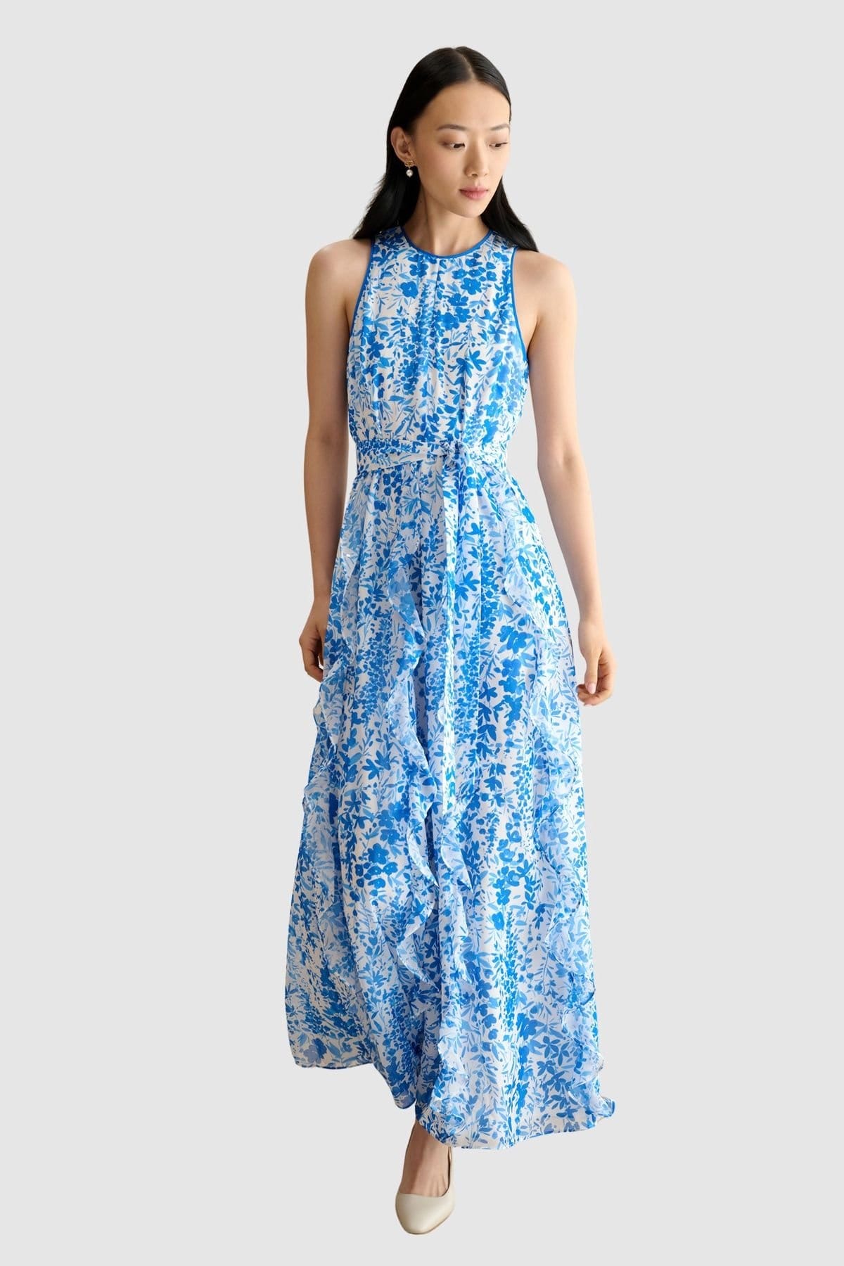 Hobbs London Floral Ruffle Maxi Dress in Cool White