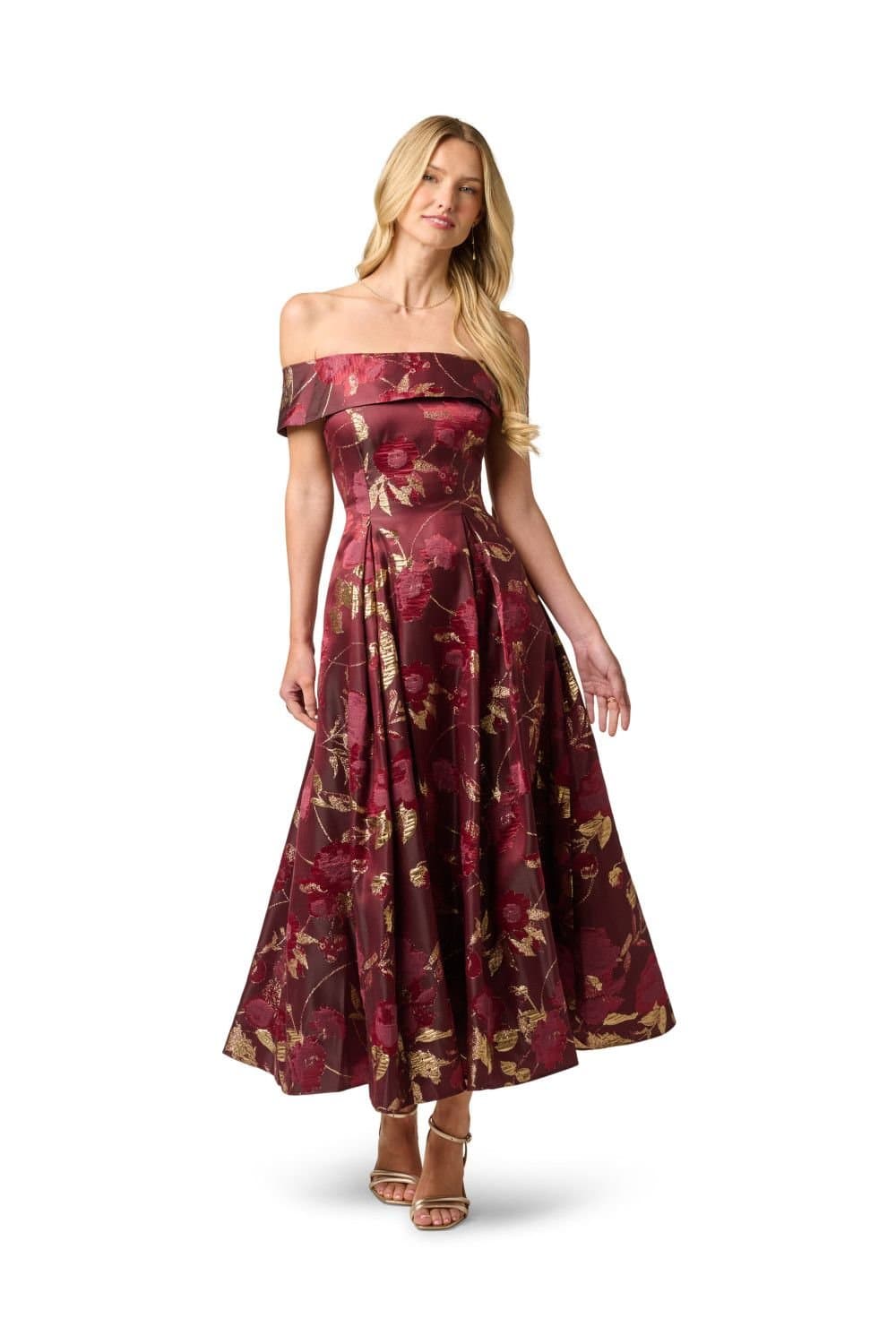 Adrianna Papell Adrianna Papell Red Jacquard Off Shoulder Midi Dress