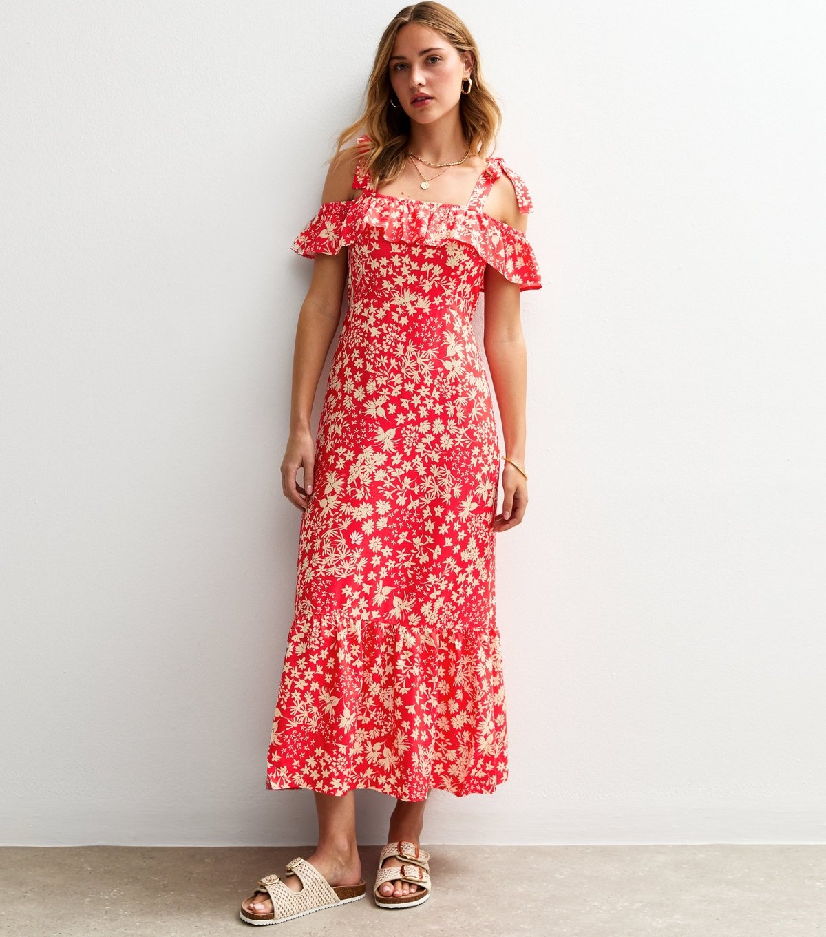 New Look Women's Red Floral Print Shoulder Tie Ruffled Midi Dress New Look - 2