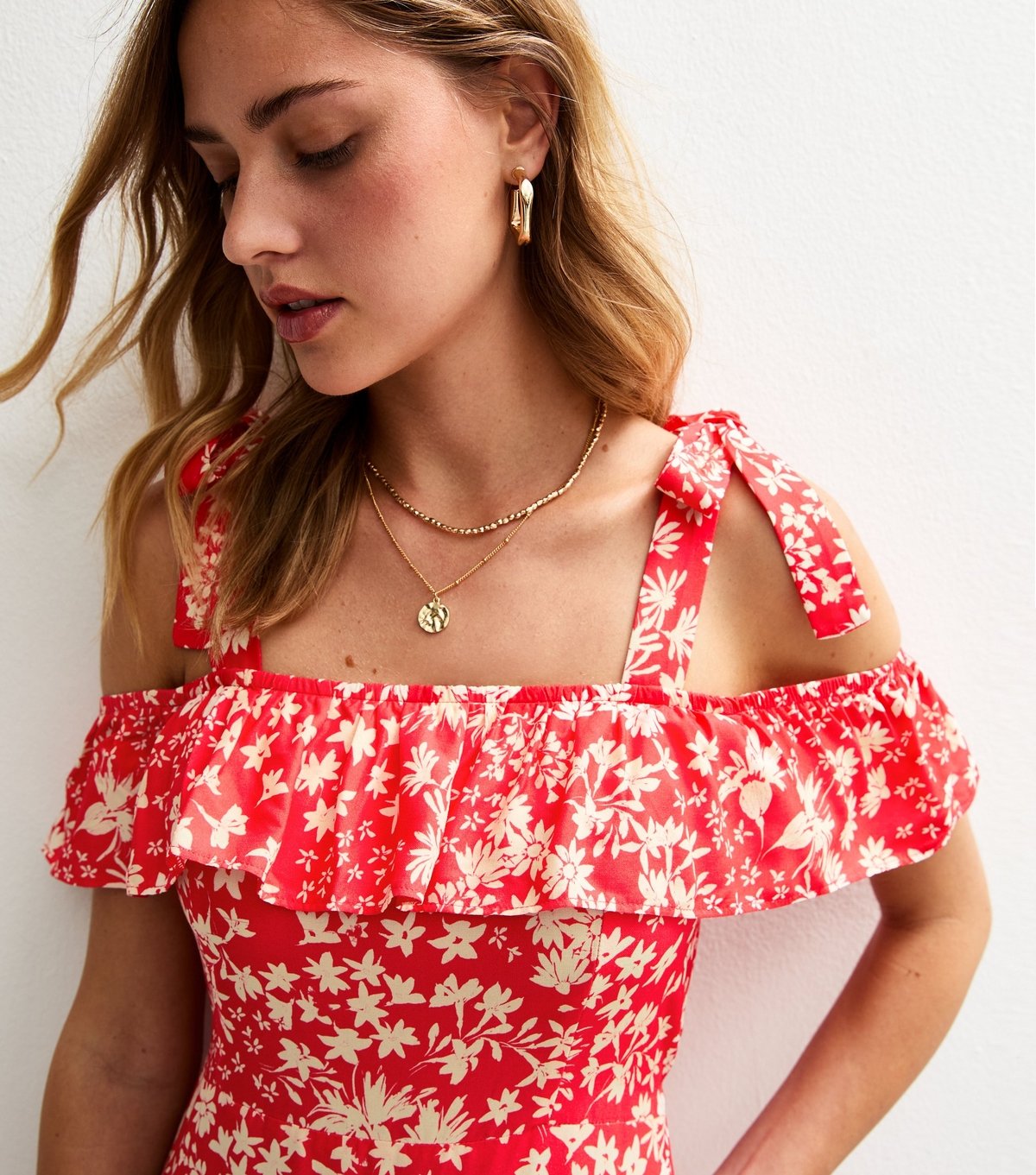 New Look Women's Red Floral Print Shoulder Tie Ruffled Midi Dress New Look - 3