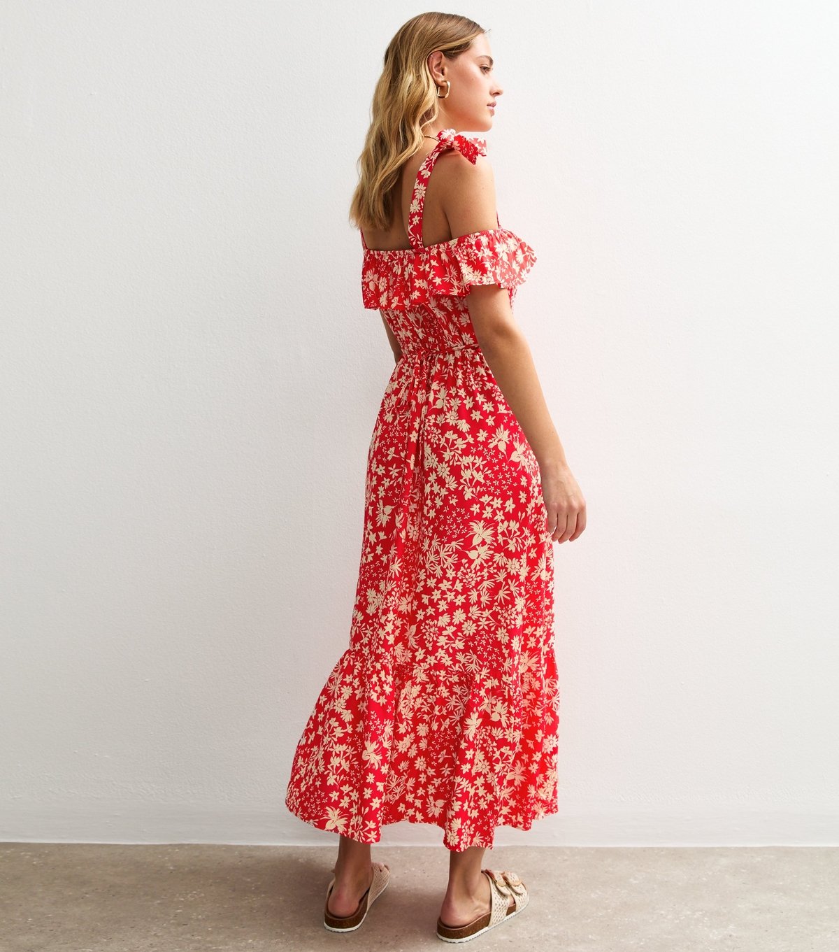 New Look Women's Red Floral Print Shoulder Tie Ruffled Midi Dress New Look - 4