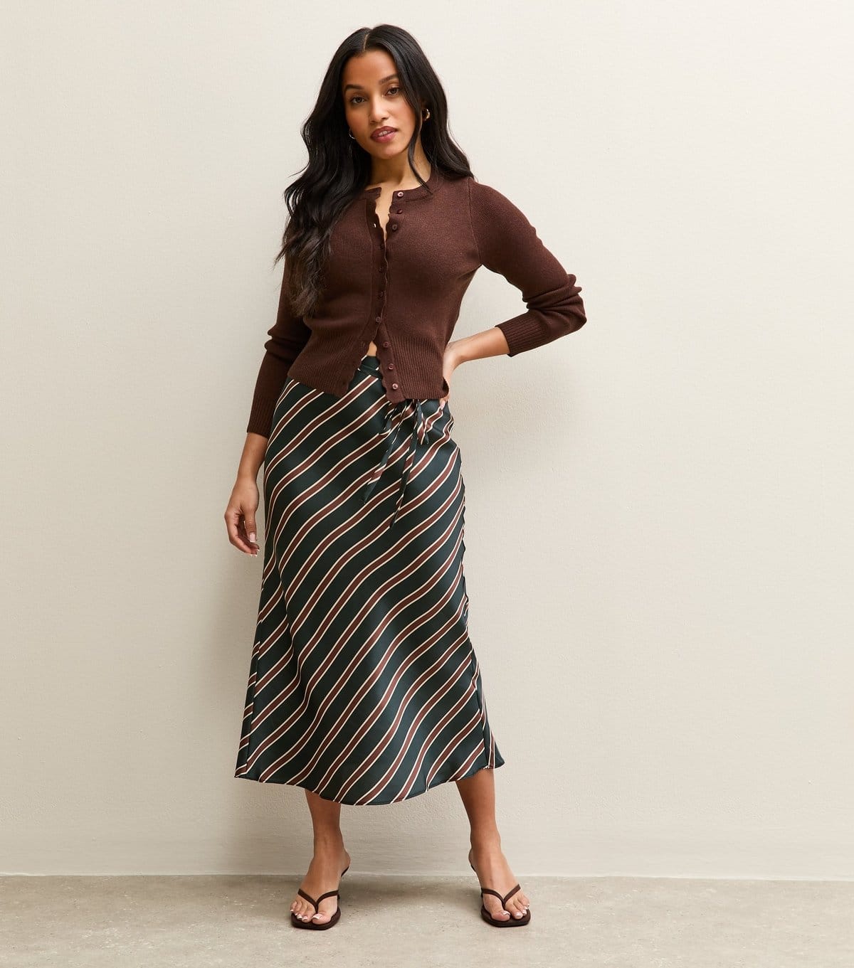 New Look Women's Petite Black Striped Satin Bias Cut Midi Skirt New Look - 1