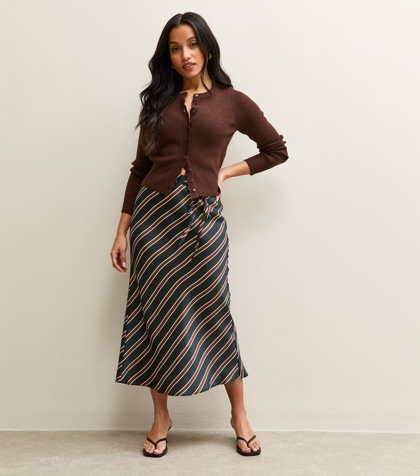 New Look Women's Petite Black Striped Satin Bias Cut Midi Skirt New Look - 1