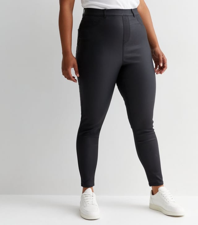 New Look Women's Plus Size Black Coated Leather-Look Mid Rise Lift & Shape Emilee Jeggings Curves New Look - 3