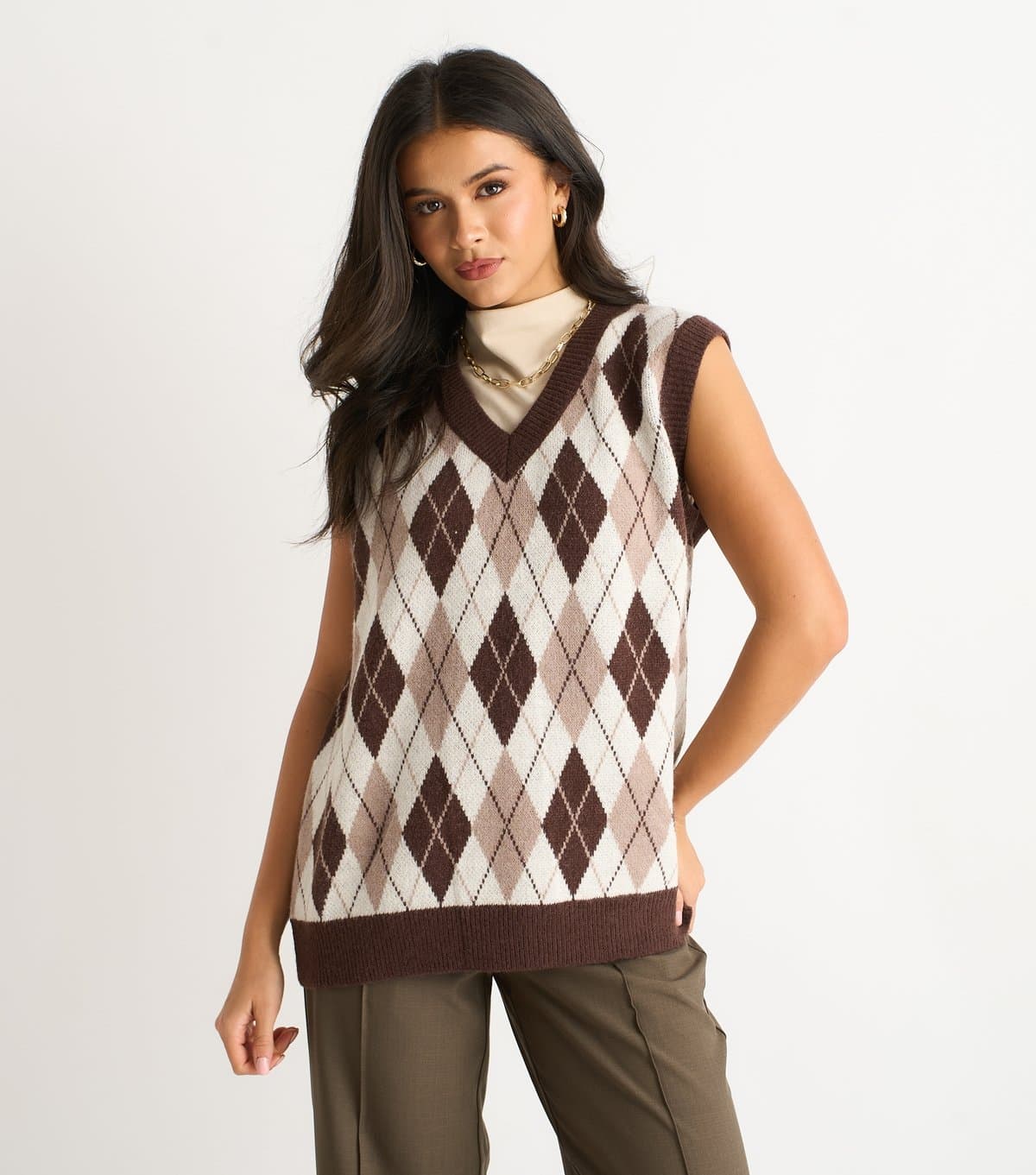 Gini London Gini London Brown Knit Argyle Vest Top