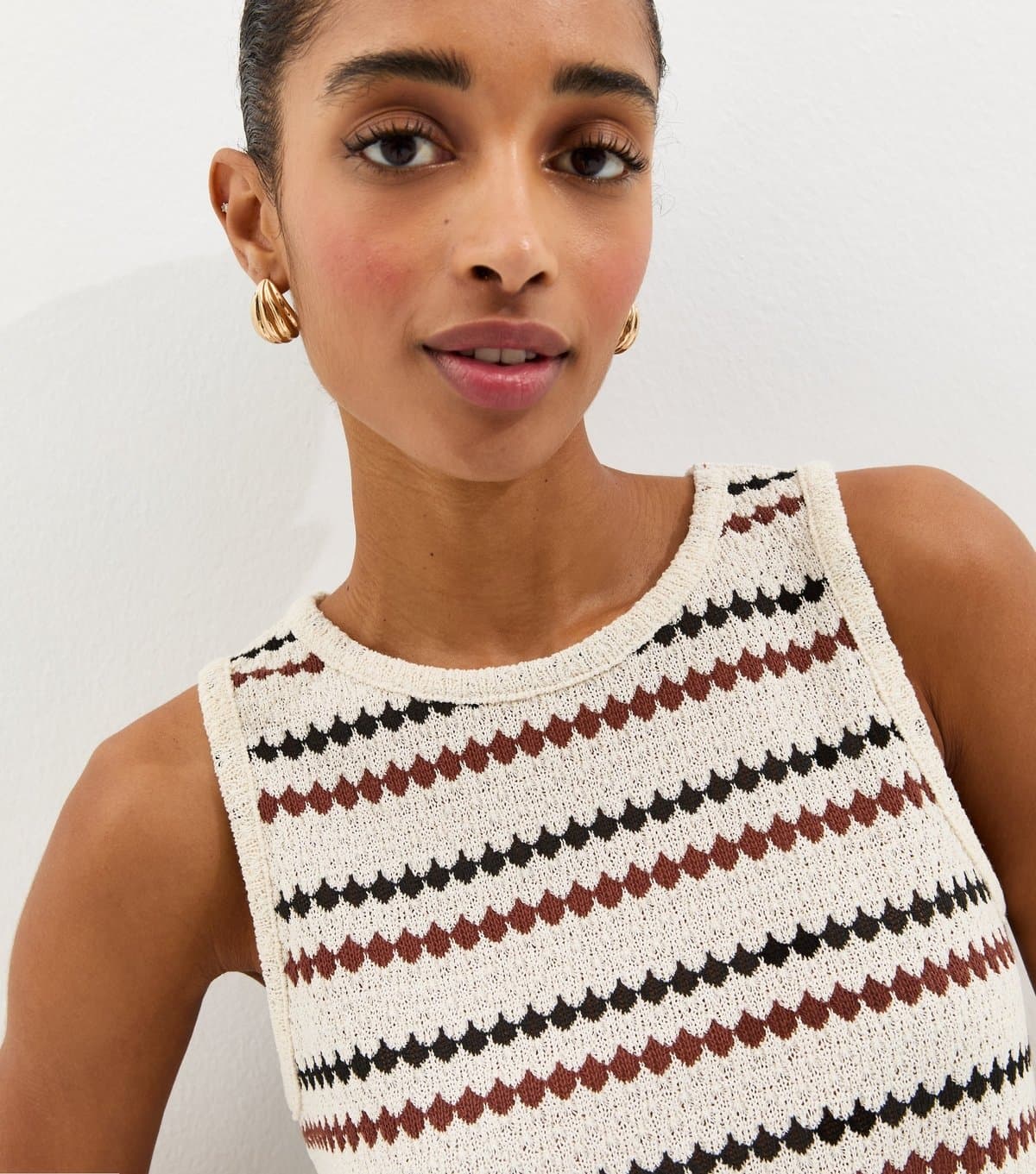 New Look Women's Cream Striped Knitted Beach Vest Top New Look